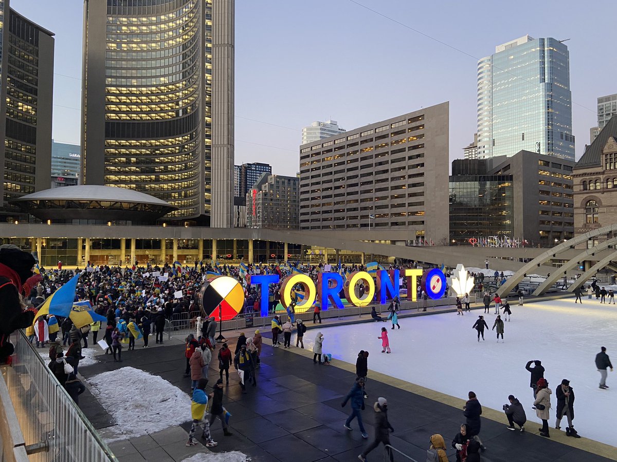 JohnTory's tweet photo. The Toronto Sign is lit blue and yellow tonight to show our solidarity with the people of Ukraine. 

#WeStandWithUkraine https://t.co/5xWK5I4bGa