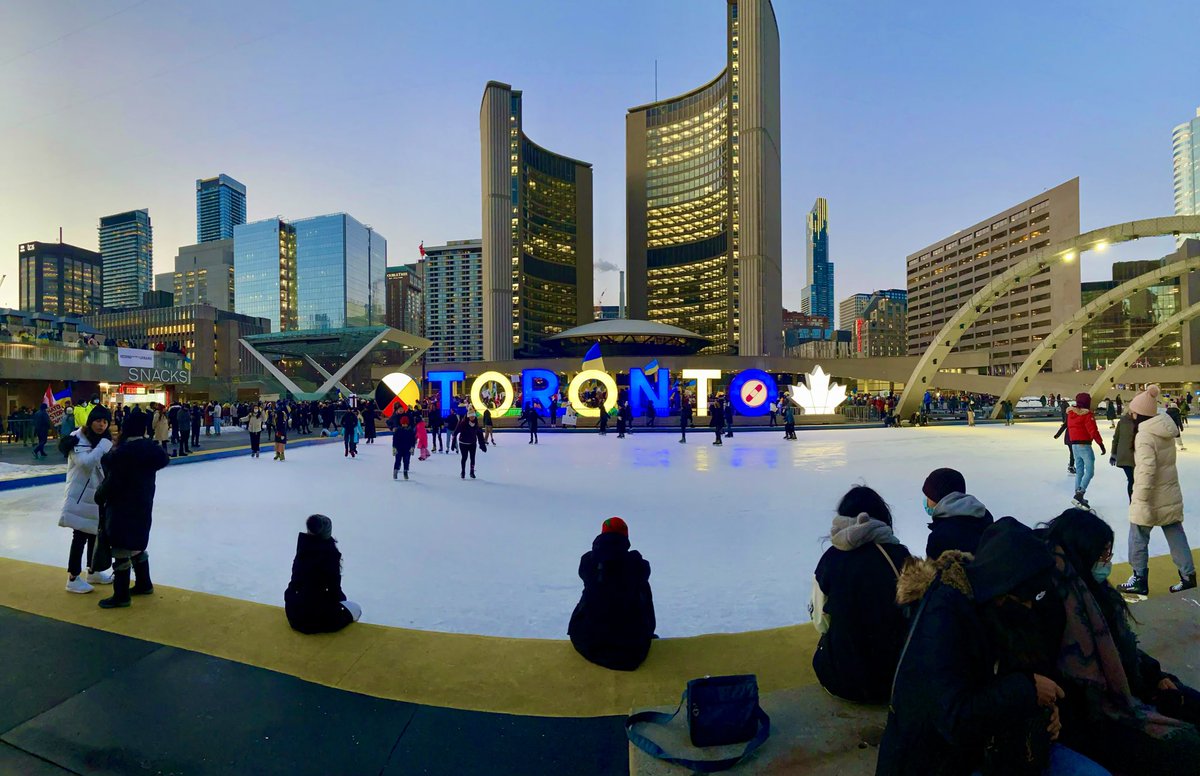 JohnTory's tweet photo. The Toronto Sign is lit blue and yellow tonight to show our solidarity with the people of Ukraine. 

#WeStandWithUkraine https://t.co/5xWK5I4bGa