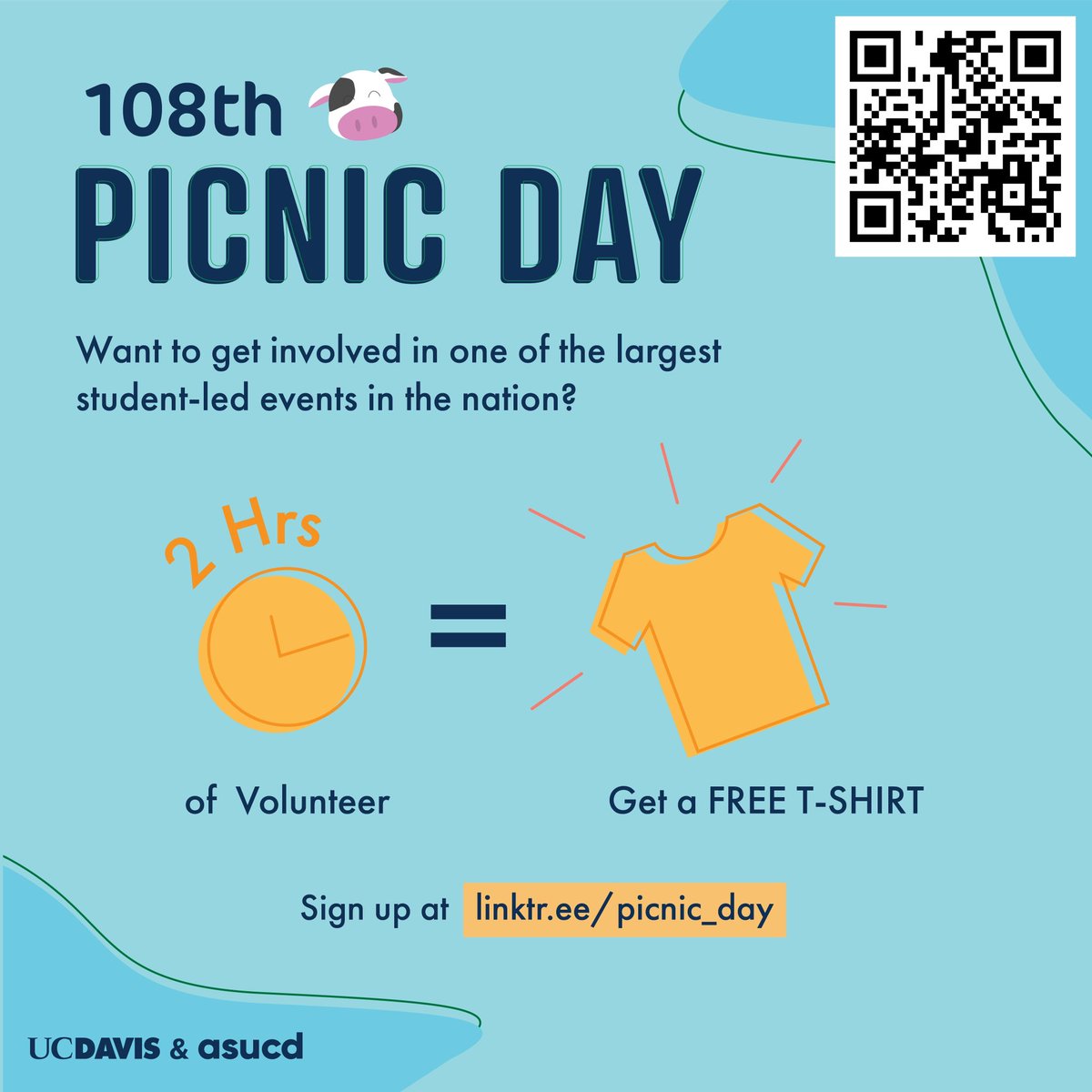 ucdpicnicday's tweet photo. Want to be a part of the largest student-run event in the nation? 🤩
We are looking for volunteers for the day of Picnic Day on April 23! Volunteers will get a free t-shirt for a 2-hour commitment.
Sign-up at https://t.co/drE07p7kSX!
#PicnicDay108 #RediscoveringTomorrow #ASUCD https://t.co/F5eRrNMgsn