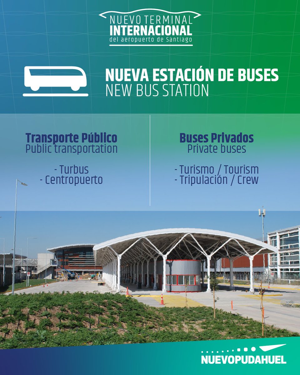 AeropuertoStgo's tweet photo. 🚌Hoy se abrió la nueva Estación de Buses, con capacidad de hasta 26 vehículos. Si usas Centropuerto, @turbuschile o buses de turismo/tripulación, aquí debes dirigirte desde el 1er nivel del terminal actual.

¡Rumbo a la inauguración del #NuevoTerminalInternacional este 28/02! 🎉 https://t.co/CChRMA2FsY