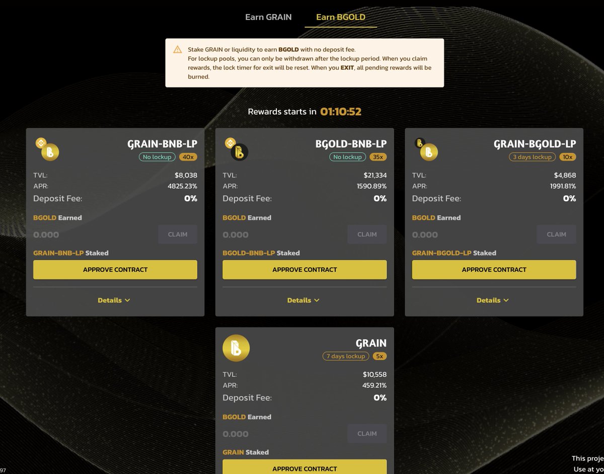 BGoldFinance's tweet photo. ⏳ Countdown for Launching BGOLDMasterchef to earn $BGOLD ⏳
 Only 1 more hours left until the launching farm on https://t.co/sYaPE1Uv7G 💥 
4 pair pools are open: 1️⃣Grain/BNB (40x) 2️⃣BGOLD/BNB (35x) 3️⃣Grain/BGOLD(20x) 4️⃣Grain (5x) 💰 
Get your $GRAIN ready! https://t.co/pau24lb7sH
