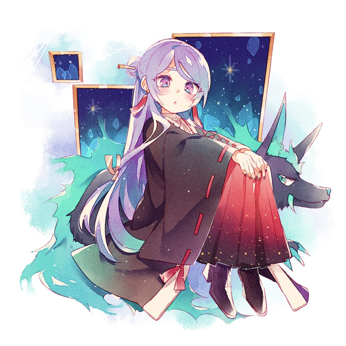 1girl long hair japanese clothes purple eyes purple hair skirt sitting  illustration images