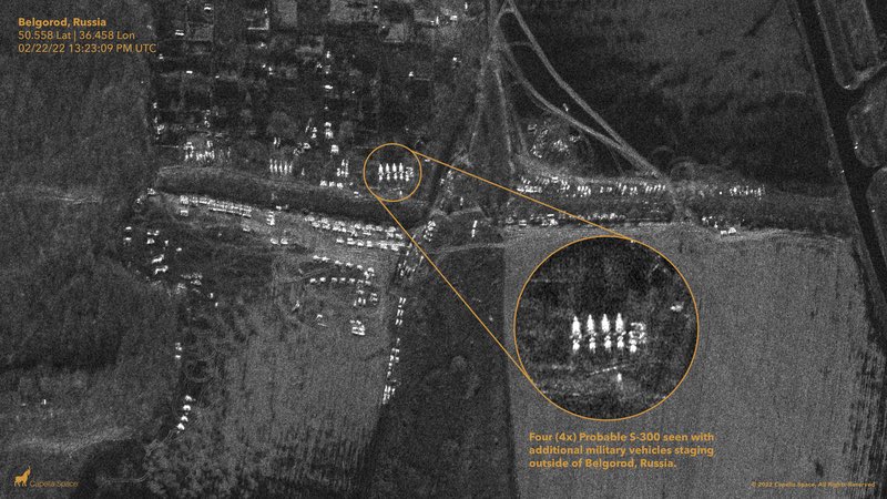 Capella synthetic aperture radar (SAR) imagery shows numerous vehicles near the Belarus-Ukraine border, as well as four “probable” S-300 surface-to-air missile systems staging outside of Belgorod, Russia: https://www.cnbc.com/2022/02/24/satellite-imagery-shows-russian-attack-on-ukraine-from-space.html