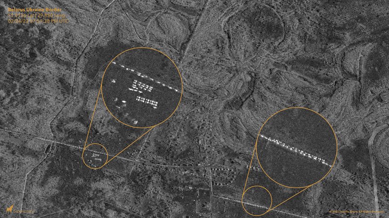 Capella synthetic aperture radar (SAR) imagery shows numerous vehicles near the Belarus-Ukraine border, as well as four “probable” S-300 surface-to-air missile systems staging outside of Belgorod, Russia: https://www.cnbc.com/2022/02/24/satellite-imagery-shows-russian-attack-on-ukraine-from-space.html