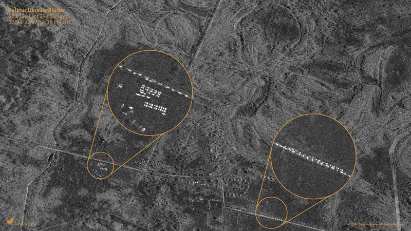 Capella synthetic aperture radar (SAR) imagery shows numerous vehicles near the Belarus-Ukraine border, as well as four “probable” S-300 surface-to-air missile systems staging outside of Belgorod, Russia: https://www.cnbc.com/2022/02/2...