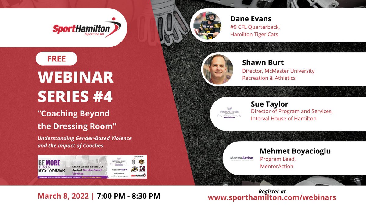 sport_hamilton's tweet photo. 📣 @SportHamilton Webinar #4
🏆 "Coaching Beyond the Dressing Room" 

🗓 March 8, 2022
⏰ 7-8 PM EST

@daneevans9 (@Ticats QB)
Shawn Burt (@macrecreation)
Sue Taylor (@IntervalHamOnt)
Mehmet Boyacioglu (@MentorAction)

📲 Register -https://t.co/9DoYi3n6f6 https://t.co/Esp0IvdtwJ