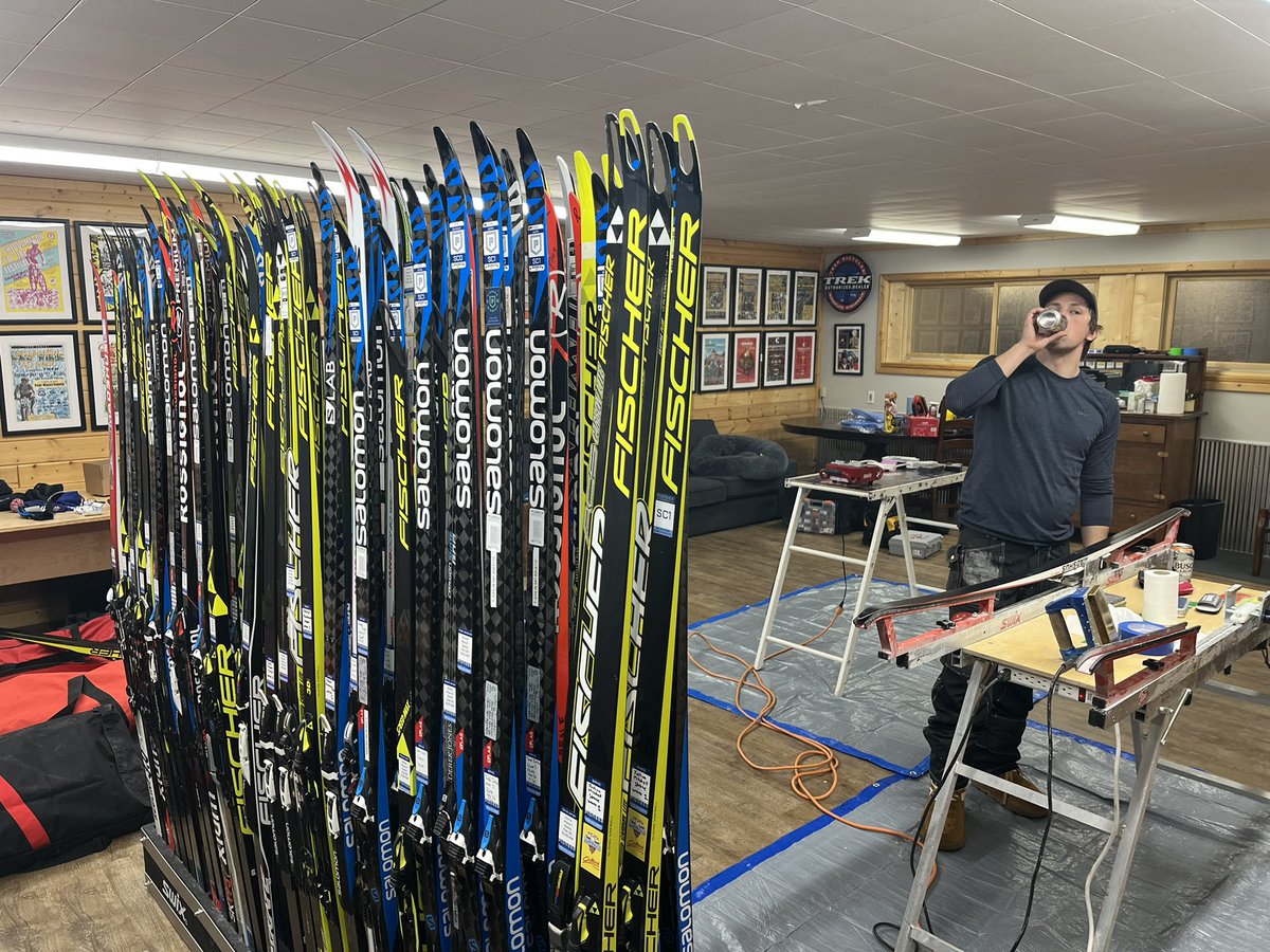BirkieGuide's tweet photo. A small subset of @pioneermidwest’s skis to wax. They’ll be fast. https://t.co/nm4Wp0BNaP
