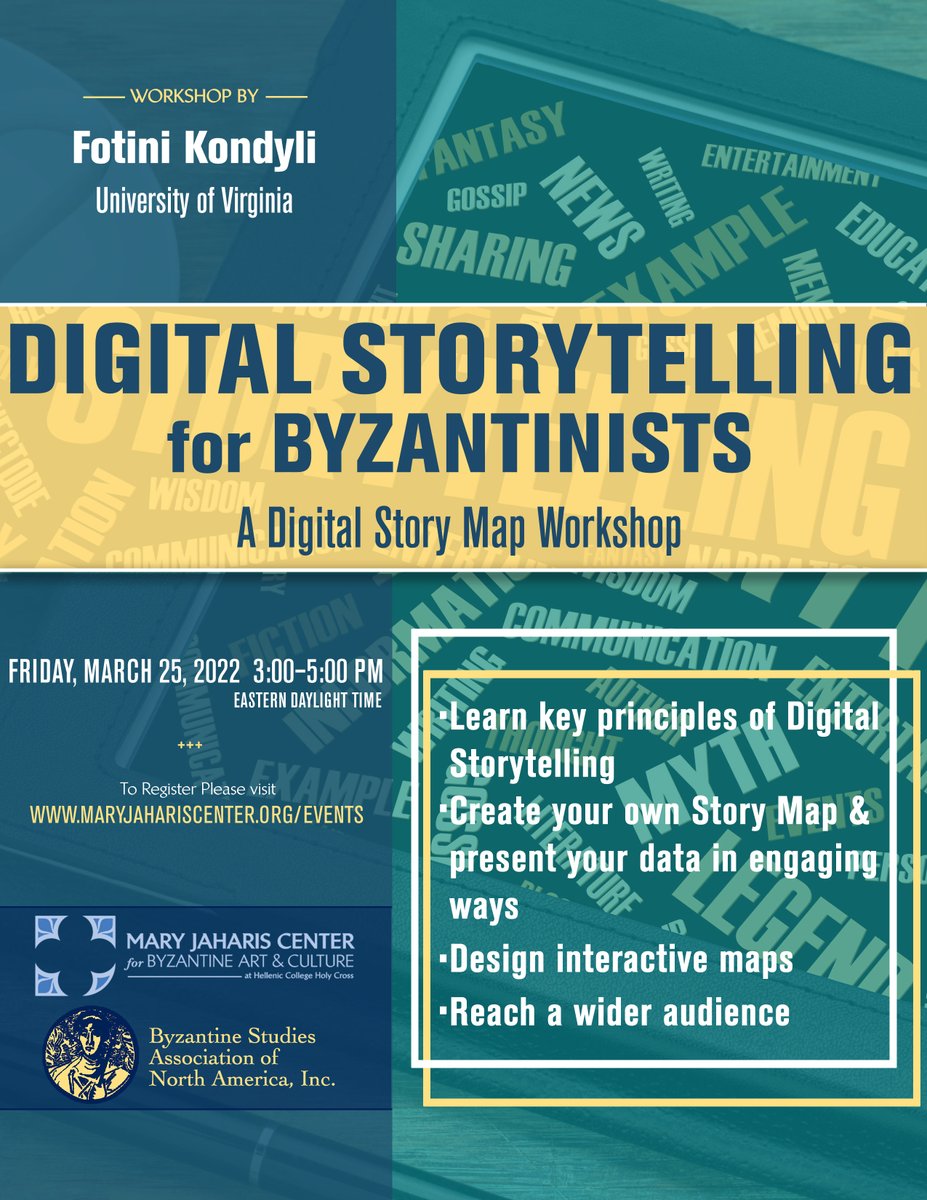 Digital Storytelling for Byzantinists: A Digital Story Map Workshop
Dr. Fotini Kondyli (University of Virginia), via Zoom, March 25
Limited to 30 participants. Registration is first come, first served. Registration closes Monday, March 21 at 1:00 pm (ET).
maryjahariscenter.org/events/digital…