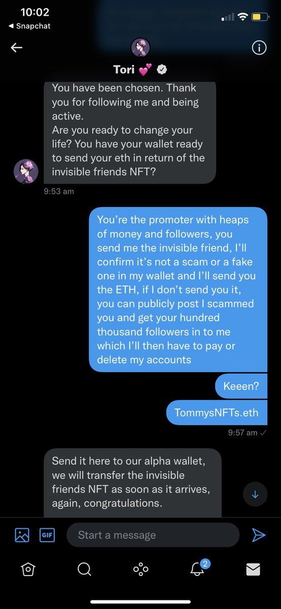 TommysNFTs's tweet photo. 2. #Getthedogs My loss or #Scam? 🤣 @toriadawson *givesaway thousands of dollars at a time but can’t send first?* Let’s see if @toriadawson’s current Invisible friends giveaway is legit too?? P.s this DM was .11 for an @InvsbleFriends 🤣 https://t.co/lmTPS8qRbv
