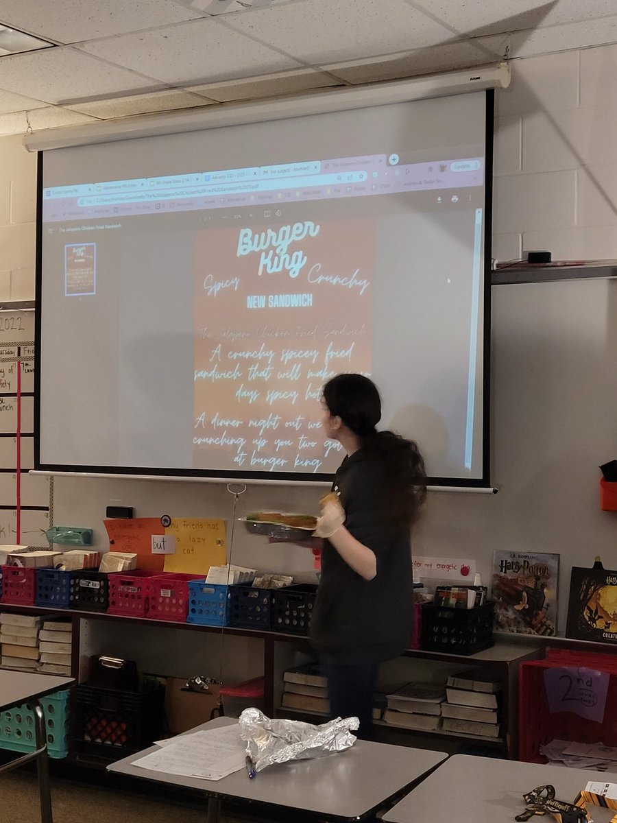mswhite_TMS's tweet photo. Have to give a little shout-out to Sophia for going above and beyond! She created a digital advertisement for her new @BurgerKing jalapeño chicken sandwich - then actually created it and brought in samples for the class! #EthosPathosLogos #TMSinnovators @HumbleISD_TMS @tms_stem https://t.co/MtK9O9V3JE