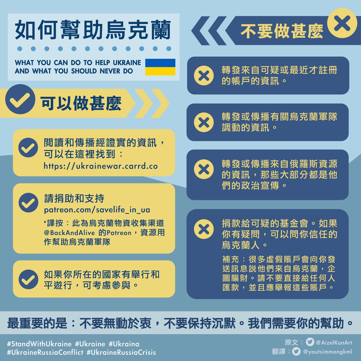 KamMoLing (@yautsimmongkml) on Twitter photo 這一刻我們可以做甚麼去幫助烏克蘭?
經原推主烏克蘭藝術家 <a href="/AizelKonArt/">Anna Moshak</a> 同意,翻譯了中文版。留意到Twitter以外的朋友可能較少接觸到有關資訊,製作了資訊圖希望能方便大家從不同社交媒體傳開去🙏🏻。
#Ukraine #StandWithUkraine
#香港譯推 這一刻我們可以做甚麼去幫助烏克蘭?
經原推主烏克蘭藝術家 <a href="/AizelKonArt/">Anna Moshak</a> 同意,翻譯了中文版。留意到Twitter以外的朋友可能較少接觸到有關資訊,製作了資訊圖希望能方便大家從不同社交媒體傳開去🙏🏻。
#Ukraine #StandWithUkraine
#香港譯推