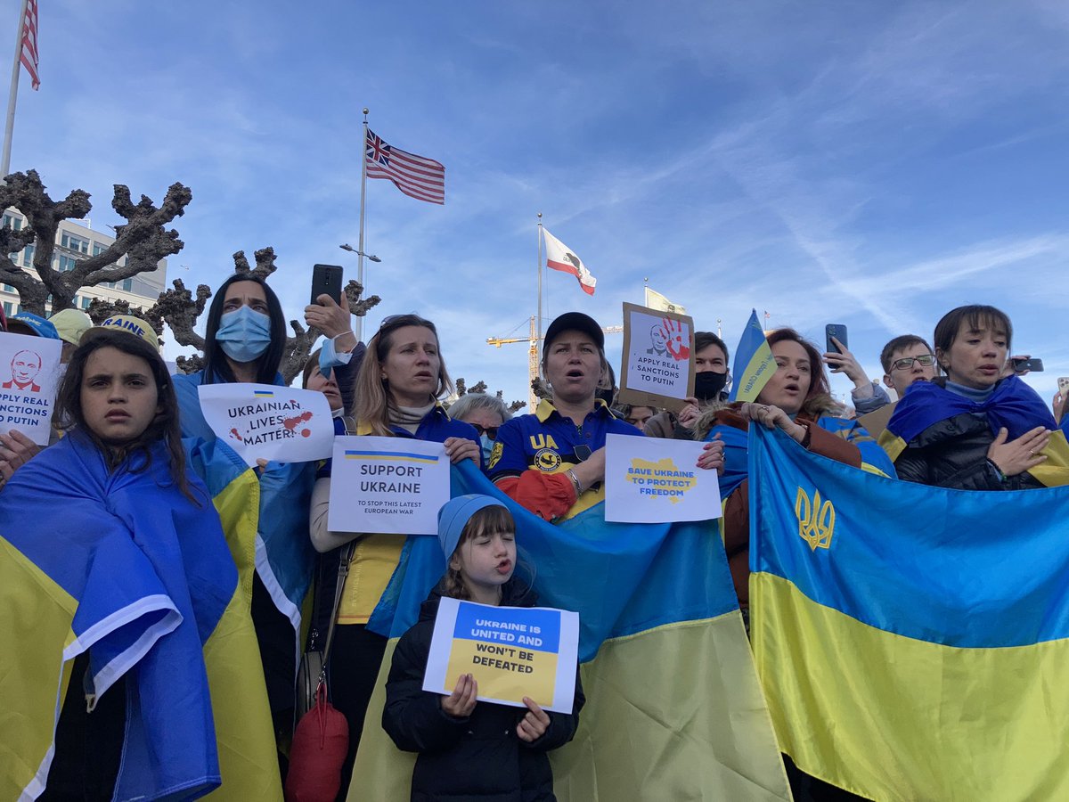 Hundreds of Ukrainians gather today outside San Francisco city hall in protest of Russia’s war against Ukraine. “This is not just about Ukraine,” one sign reads. “It’s about all of us.”