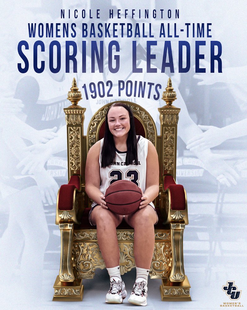 jcusports's tweet photo. ALL HAIL HEFFINGTON! 👑 

Nicole Heffington is the new @JCU_WBB all-time leading scorer, surpassing Missy Spahar’s previous record! 

This is an incredible achievement that cements Heff’s legacy as one of the greatest of all-time 🐐 

#WomanOfCarroll ⚡️#OnwardOn https://t.co/izxMNh7KUR