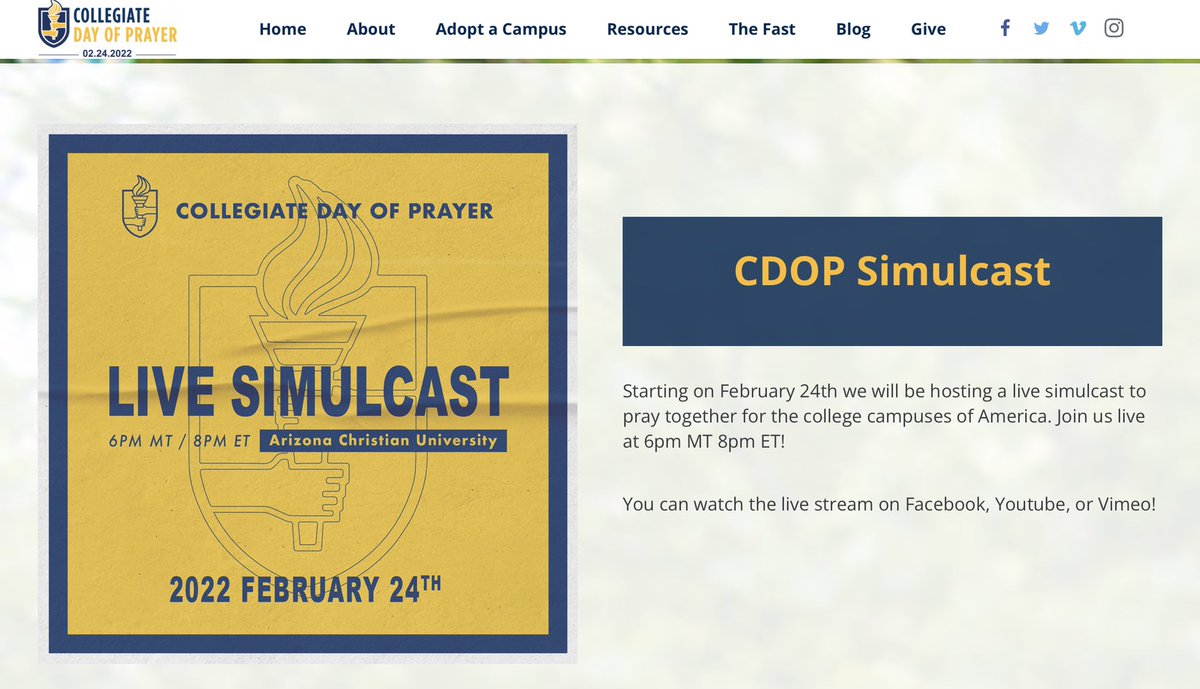 CampusMission_'s tweet photo. Watch the live simulcast of the #CollegiateDayOfPrayer2022 from #ArizonaChristianUniversity at 8pm ET on Facebook, YouTube or Vimeo #collegeministry #pray4campus #Pray4Ukraine #longing4revival https://t.co/uO0pNACJt7