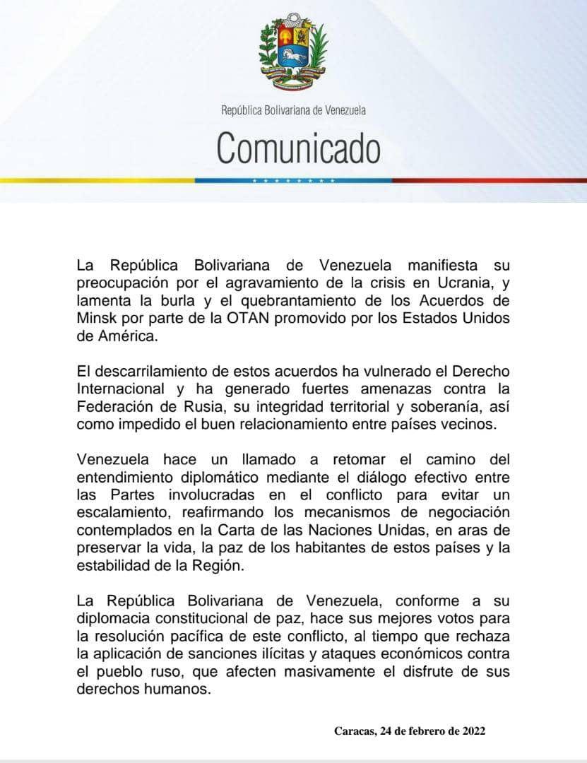 Desde esta trinchera envíamos mensaje a todos los pueblos del mundo y nos pronunciamos en solidaridad y respaldo al presidente constitucional Nicolás Maduro en su posición de apoyo al Pueblo de Rusia y su Presidente Vladimir Putin. 

¡ Bolívar, Chavez y la Patria Viven !