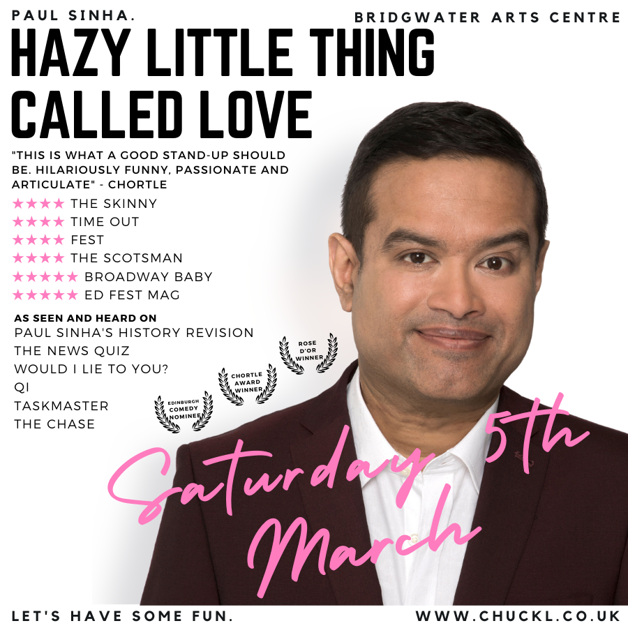 chuckl_events's tweet photo. Tickets are going fast for Paul Sinha's 'Hazy Little Thing Called Love' Tour in Bridgewater Arts Centre this Saturday.
Get ready for a night of hilarious comedy.
Find your tickets online before it's too late!
https://t.co/3ZFCRWZrws
#laughter #comedy #chuckl #paulsinha https://t.co/TNGlNv5xkA