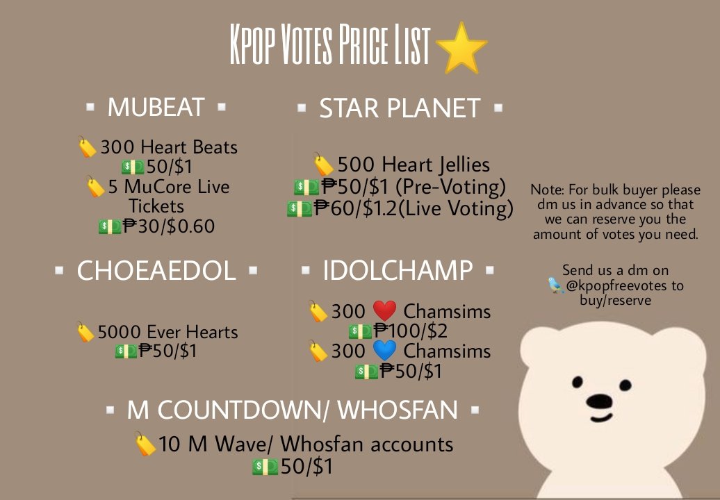 KpopFreeVotes_'s tweet photo. ⭐KPOP VOTES PRICE LIST⭐

🗳️MUBEAT🗳️
🏷️300 Heart Beats
💵₱50/$1
🏷️5 MuCore Live Tickets
💵₱30/$0.60

🗳️STAR PLANET🗳️
🏷️500 Heart Jellies
💵₱50/$1(Pre-Voting)
💵₱60/$1.2

🗳️IDOLCHAMP🗳️
🏷️300 ❤️ Chamsims
💵₱100/$2
🏷️300 💙 Chamsims
💵₱50/$1

+++ https://t.co/D6e5NYrX4v