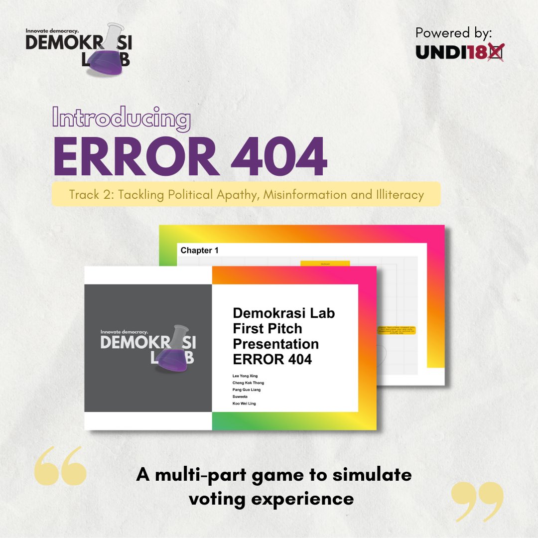 demokrasilab's tweet photo. Introducing group 'Error 404'!
Retweet this tweet to help this group win the People's Choice Award!
--
Memperkenalkan kumpulan 'Error 404'!
Tweet semula tweet ini untuk membantu kumpulan ini menang People's Choice Award!
#DemokrasiLab #UNDI18 https://t.co/ir9g5ovgIF