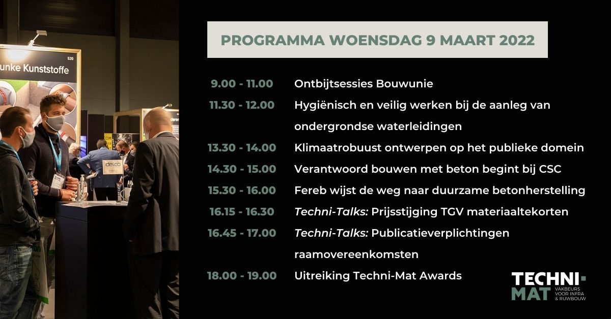 Tijdens Techni-Mat vinden er diverse infosessies en seminaries plaats. In ons ideeëntheater, tussen de standen op de beursvloer, zullen daarnaast korte sessies gegeven worden over trending topics: de Techni-Talks. 

Registreer voor een gratis bezoek via lnkd.in/evjJefU6