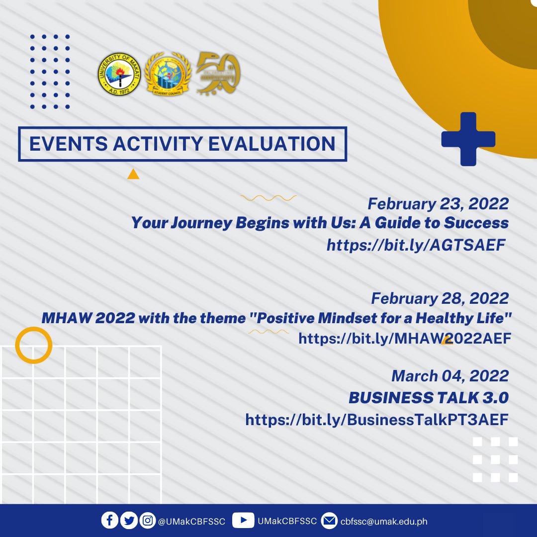 UMakCBFSSC's tweet photo. Thank you for attending our 50th UMak Founding Anniversary Events! 💙💛
As part of the said program, we would like to hear some feedback from you.
For more information https://t.co/UzJKwlHNpJ
#CBFSNewNormal
#CBFSYourVoiceOurAction https://t.co/9CB4KCKrLi
