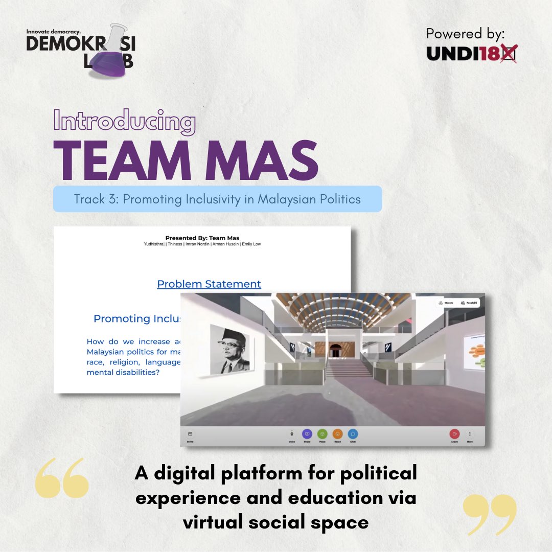 demokrasilab's tweet photo. Introducing group 'Team Mas'!
Retweet this tweet to help this group win the People's Choice Award!
--
Memperkenalkan kumpulan 'Team Mas'!
Tweet semula tweet ini untuk membantu kumpulan ini menang People's Choice Award!
#DemokrasiLab #UNDI18 https://t.co/33LKYtjgQs