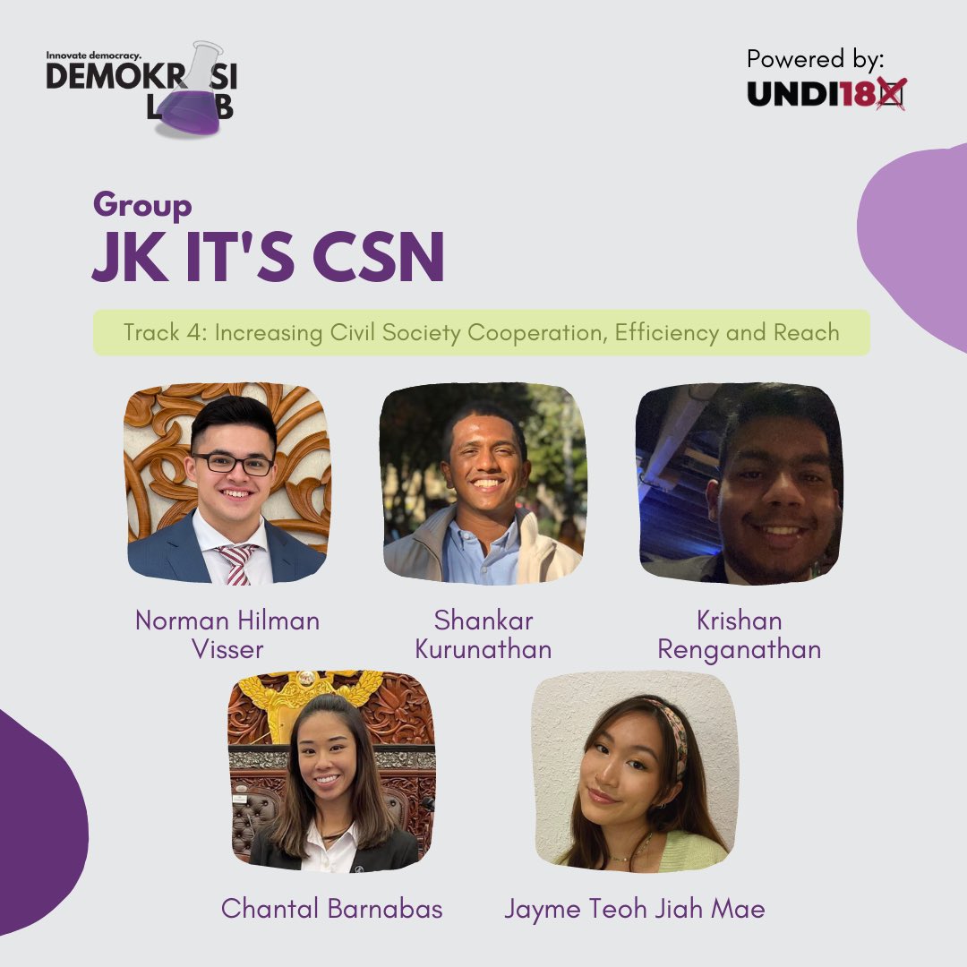 demokrasilab's tweet photo. Introducing group 'JK it's CSN'!
Retweet this tweet to help this group win the People's Choice Award!
--
Memperkenalkan kumpulan 'JK it's CSN'!
Tweet semula tweet ini untuk membantu kumpulan ini menang People's Choice Award!
#DemokrasiLab #UNDI18 https://t.co/dJ1PmliI4K