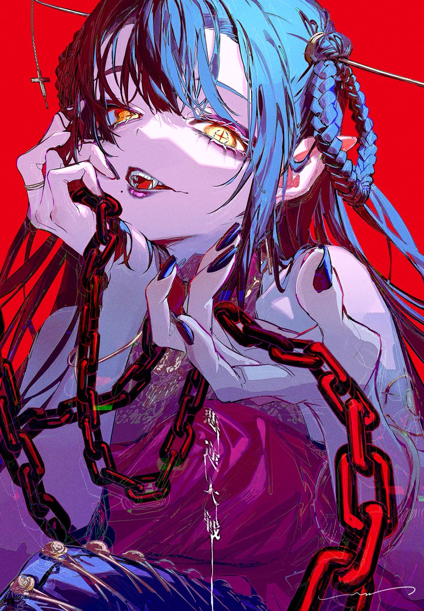1girl chain solo yellow eyes blue hair red background hair rings  illustration images