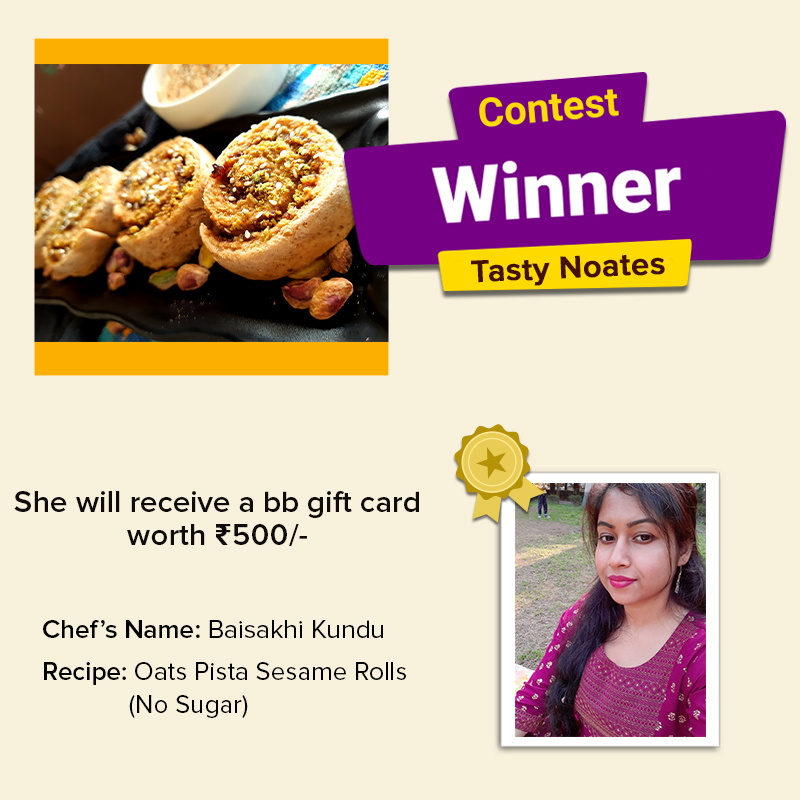 bigbasket_com's tweet photo. Our heartiest congratulations to Baisakhi Kundu for winning the Tasty Noates Recipe Contest! Your Oats Pista Sesame Rolls (No Sugar) recipe was loved by everyone at bigbasket!
Check out the recipe on the link in the bio.
#bigbasket #ContestWinner #RecipeContest #bbCookBook https://t.co/hcaZZ2oF62