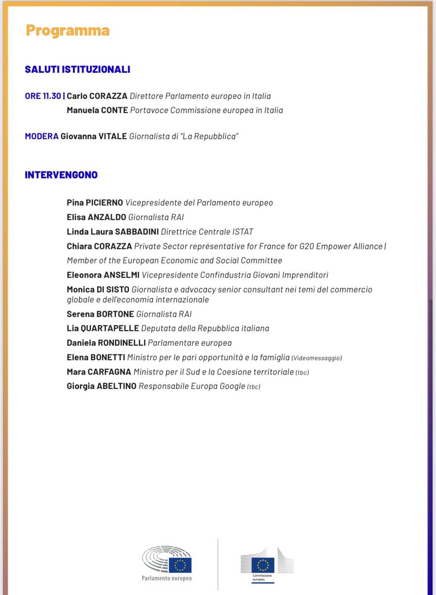 🟠🔛❗“Dalla pandemia alla She-Covery”

Oggi 4.3, h 11:30: 
🗣VP PE <a href="/pinapic/">Pina Picierno</a>  
<a href="/Dani_Rondinelli/">Daniela Rondinelli</a> 
<a href="/elenabonetti/">Elena Bonetti</a>  
<a href="/LiaQuartapelle/">Lia Quartapelle</a> 
<a href="/ChiaraCorazzaWF/">Chiara Corazza</a>
Elisa Anzaldo
Monica di Sisto
<a href="/MLLSabbadini/">Con L.L. Sabbadini</a>
<a href="/AnselmiEleonora/">eleonora anselmi</a>
<a href="/serenabortone/">serena bortone</a>

🎙<a href="/giovivit/">Giovanna Vitale 🇺🇦 🇪🇺</a> <a href="/repubblica/">Repubblica</a> 

🔛LIVE ansa.it/europa/notizie…