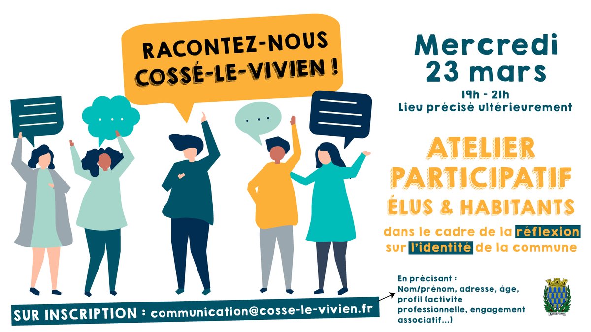 cosse_le_vivien's tweet photo. [ATELIER « Racontez-nous Cossé-le-Vivien ! »]
Un atelier participatif qui s'inscrit dans le cadre de la refonte de l’identité visuelle de la commune ! 
📅 Mer. 23 mars, 19h
‼️ Sur inscription ‼️
+ d’infos 👉 https://t.co/L3laaC3gQz https://t.co/EpvrJJXfmc