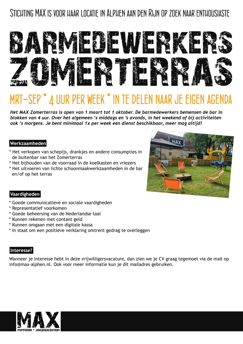We zijn op zoek naar vrijwilligers die ons team komen versterken. Vind jij het leuk om -geheel aangepast aan je eigen agenda- een dienst te draaien op het Zomerterras? Dit kan zowel in het weekend als op doordeweekse dagen. 

Neem dan contact met ons op via info@max-alphen.nl