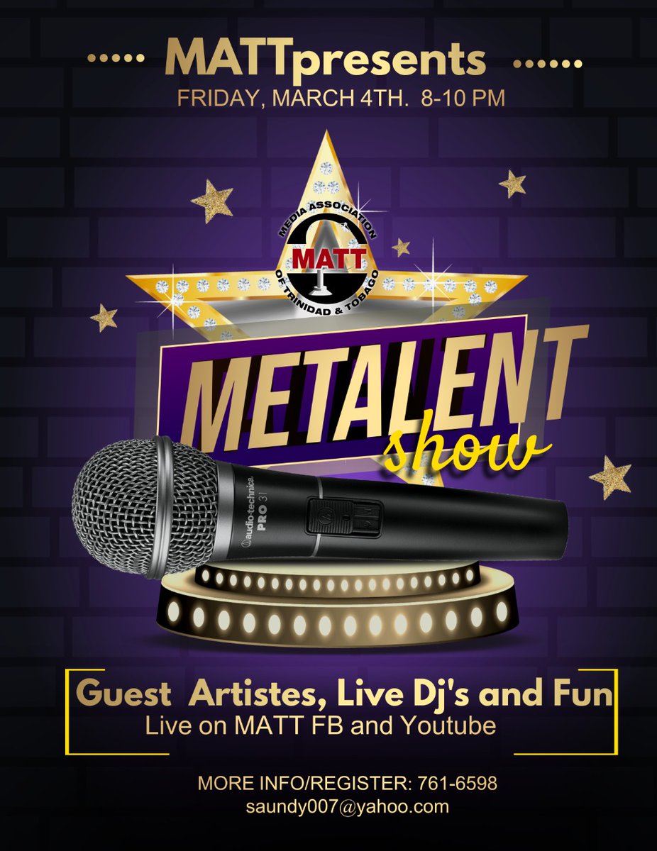 “ALLYUH COME EEN LEH WE LIME”.MATT is happy to announce our Virtual media lime and talent show METalent  an exclusive and interactive zoom room exclusively for MATT members. Can you sing ? Play an instrument ? 
For more information, contact James @ 761-6598 or saundy007@yahoo.com