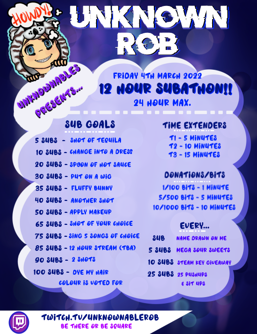 UnknownableRob's tweet photo. FIRST EVER SUBATHON ... I know I don't tweet much but I need to do better. Starts at 12PM BST!

#twitch #twitchgamer #twitchstreamer #gamer #viral #LETSGO

https://t.co/AJUZ9UbHzc https://t.co/ZMtIYhV1dU