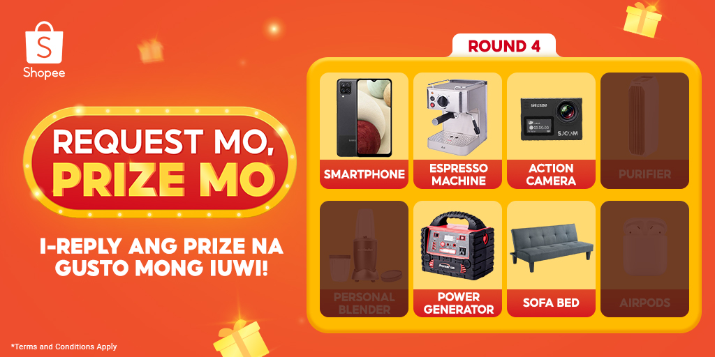 ShopeePH's tweet photo. 🧡 3.3-3.15 MEGA GIVEAWAY 🧡

ROUND 4 na besties! Kaya it’s time to vote 4 the item na gusto niyong iuwi!

I-reply kung aling prize ang gustong mapalanunan at samahan ng #RequestMoPrizeMo for a chance to win a voucher!

T&amp;Cs: https://t.co/nIn3bpTvS4 https://t.co/LNCyuBgM7z