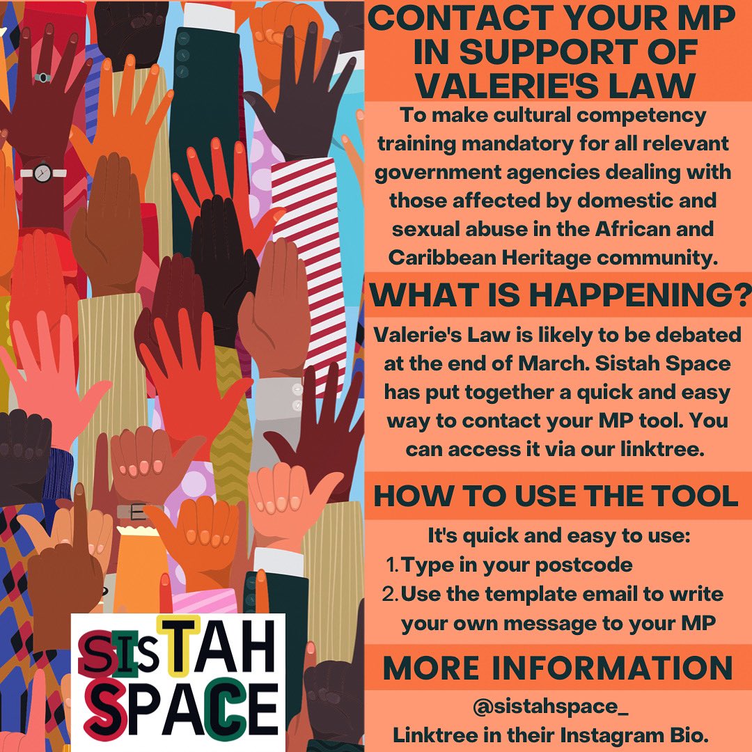 Please support @Sistah_Space campaign for Valerie's Law; this law must be passed and will be debated at the end of March. You can help support this by using the Sistah Space email tool to contact your MP to ask them to support it. The tool is easy to use: sistahspace.eaction.org.uk/valerieslaw/se…