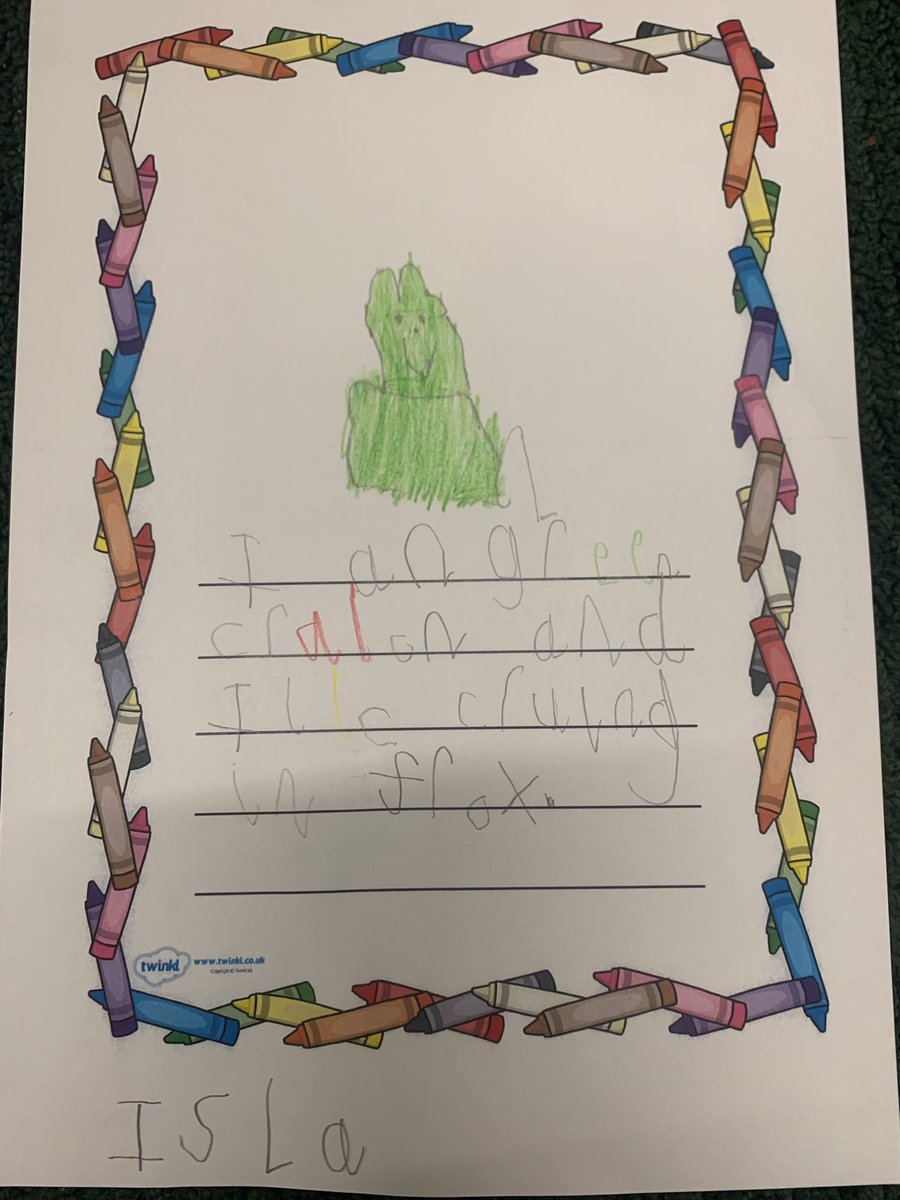 ABCPschool's tweet photo. In Reception we all dressed up as green crayons. Look at our fantastic writing! @MonsterPhonics #thedaythecrayonquit #ABReception #ABEnglish #ABPhonics https://t.co/UQEKov6ECS