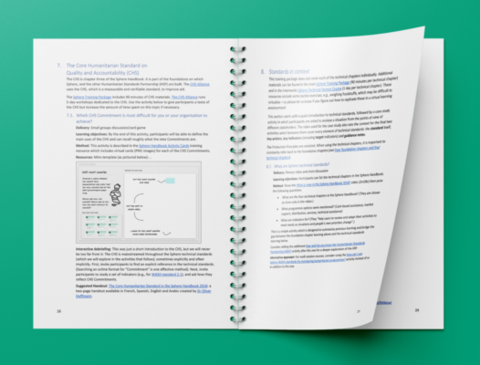 A mockup of the training guide printed, ring bound and open at pages 26 and 27, on a green background.