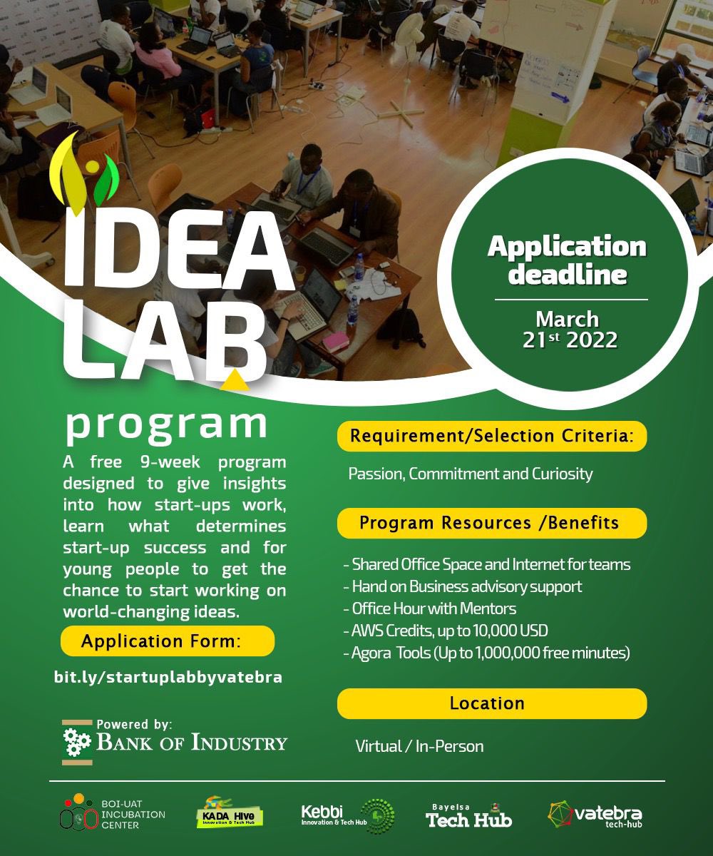 bayelsatechhub's tweet photo. Get Hands on Business advisory support, AWS Credits, up to 10,000 USD, Agora Tools (Up to 1,000,000 free minutes) and more at the Idea Lab Program.
Application Deadline - March 21st, 2022.

Interested participants can apply here: https://t.co/tTtZUqSgVk https://t.co/jYdTAlRgVA
