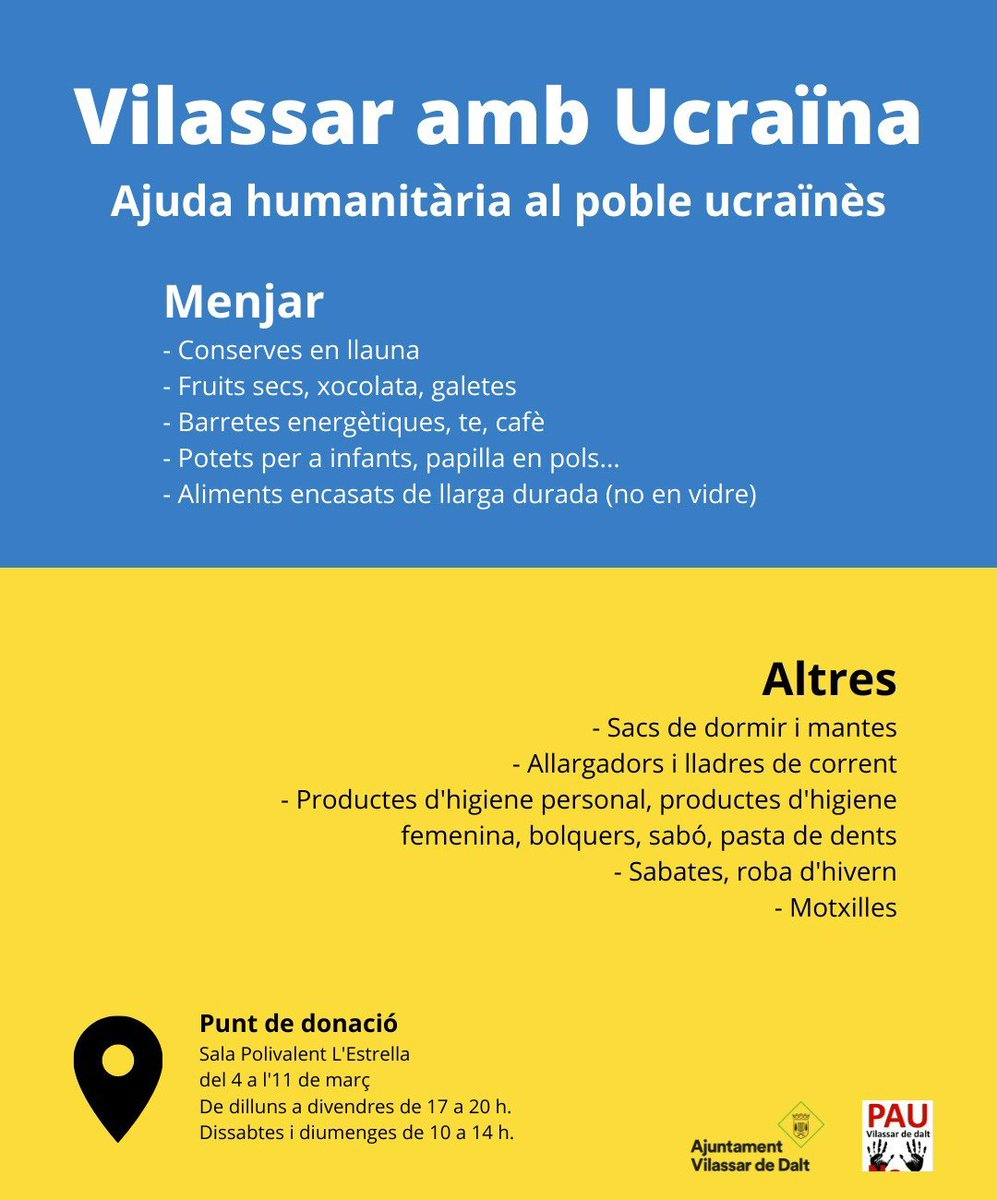 AtleticCatala's tweet photo. Us animem a participar en els diferents actes que s'estan organitzant per donar suport a la comunitat ucraïnesa resident als nostres pobles i ciutats de Catalunya, així com a col.laborar amb l’ajuda humanitària al poble ucraïnès.
#guerra #ucrania #noalaguerra https://t.co/SMGWei6B7N