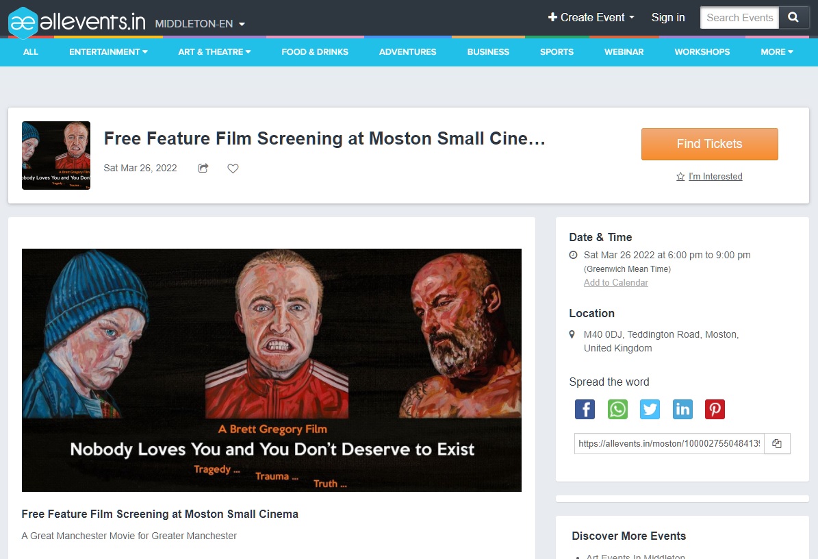 'Nobody Loves You ...' screening on 26th March <a href="/mostoncinema/">Moston Small Cinema</a> now also being promoted by <a href="/allevents_in/">AllEvents</a> 😊 <a href="/DavidHowe1l/">David Howell</a> <a href="/tinderfish/">Andy McCrorie-Shand</a> <a href="/Melanie20092011/">The Clarke Brothers (Reuben & Jensen)</a> <a href="/JulieHannan_1/">Julie Hannan</a> <a href="/JennyOwen64/">Jenny Owen</a> <a href="/Judewainwright/">Jude Wainwright</a> <a href="/Minersartnmusic/">The Miners Community Arts & Music Centre</a> allevents.in/moston/free-fe…