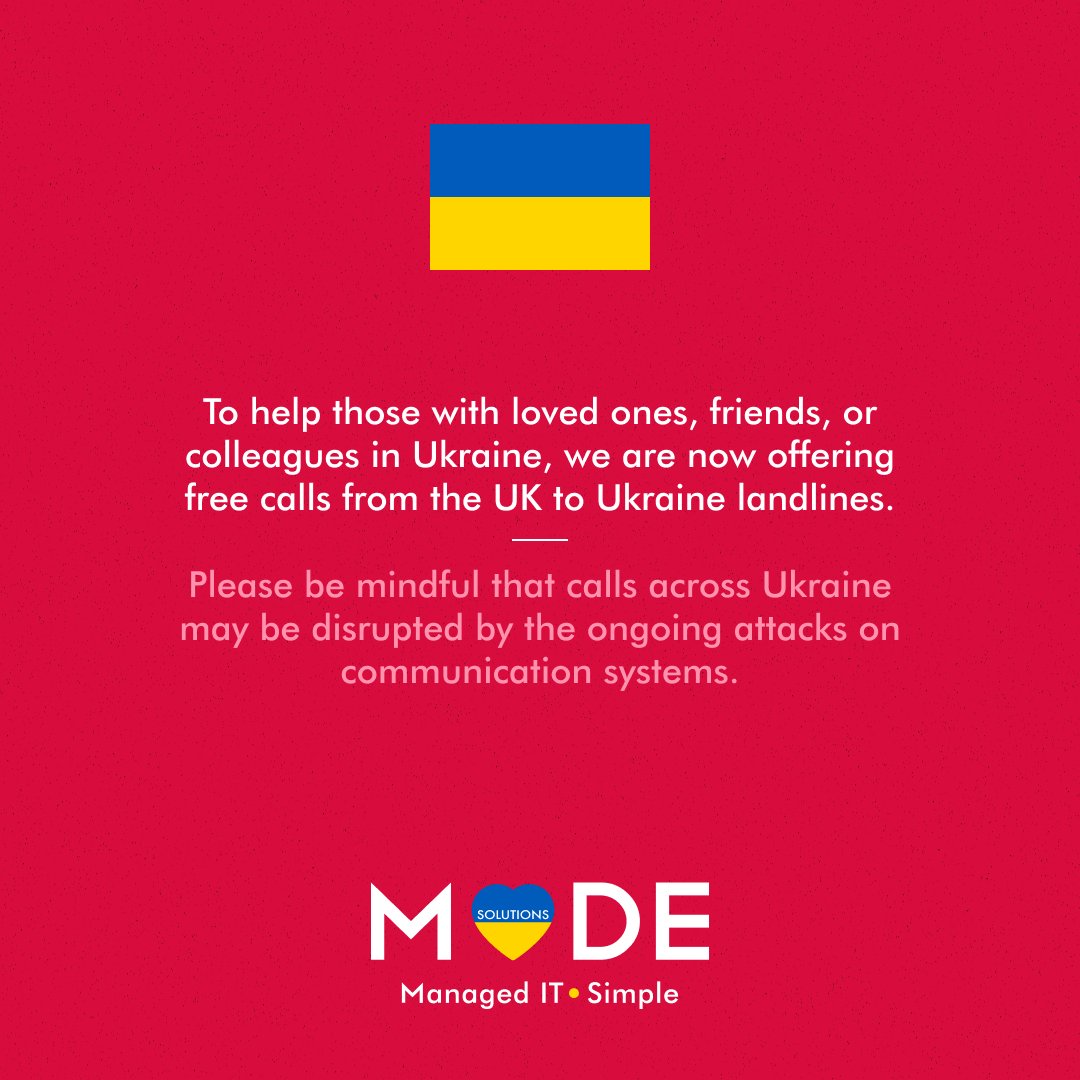 ModeSolutions's tweet image. To help those with loved ones, friends, or colleagues in Ukraine, we are now offering free calls from the UK to Ukraine landlines 💙💛
#ukrainians #kyiv #freecalls #together