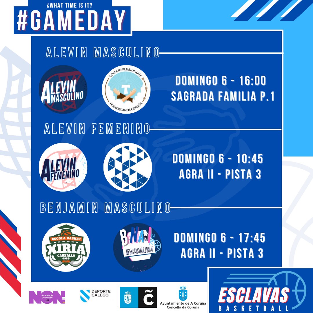 ClubEsclavas's tweet photo. ⏱️Mini-Time⏱️
➡️Benja Azul🆚 @ClubCalasanz
➡️Benja Celeste🆚 Santa Maria del mar
➡️Alevin M.🆚 @TauCoruna
➡️Alevin F.🆚 @CBCulleredoCom
➡️Benja Masc.🆚 @BasketXiria
#GoMiniBLues 🔥💙 @coruna_deportes https://t.co/pPIxoXktI5