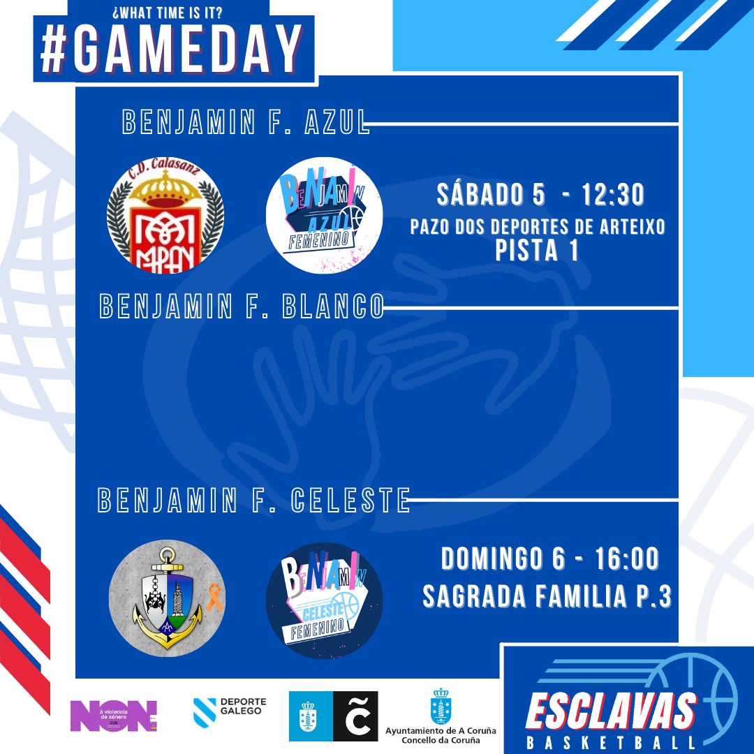 ClubEsclavas's tweet photo. ⏱️Mini-Time⏱️
➡️Benja Azul🆚 @ClubCalasanz
➡️Benja Celeste🆚 Santa Maria del mar
➡️Alevin M.🆚 @TauCoruna
➡️Alevin F.🆚 @CBCulleredoCom
➡️Benja Masc.🆚 @BasketXiria
#GoMiniBLues 🔥💙 @coruna_deportes https://t.co/pPIxoXktI5