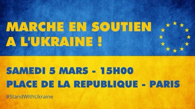 La <a href="/CFDT_IDF/">CFDT Île-de-France</a> appelle à participer à la marche en soutien de l’Ukraine 🇺🇦 
👉 Rdv: demain, 5 mars, à partir de 14h30
📍Angle place de la République &amp; rue du Faubourg du Temple ( Habitat )
Soyons nombreux !