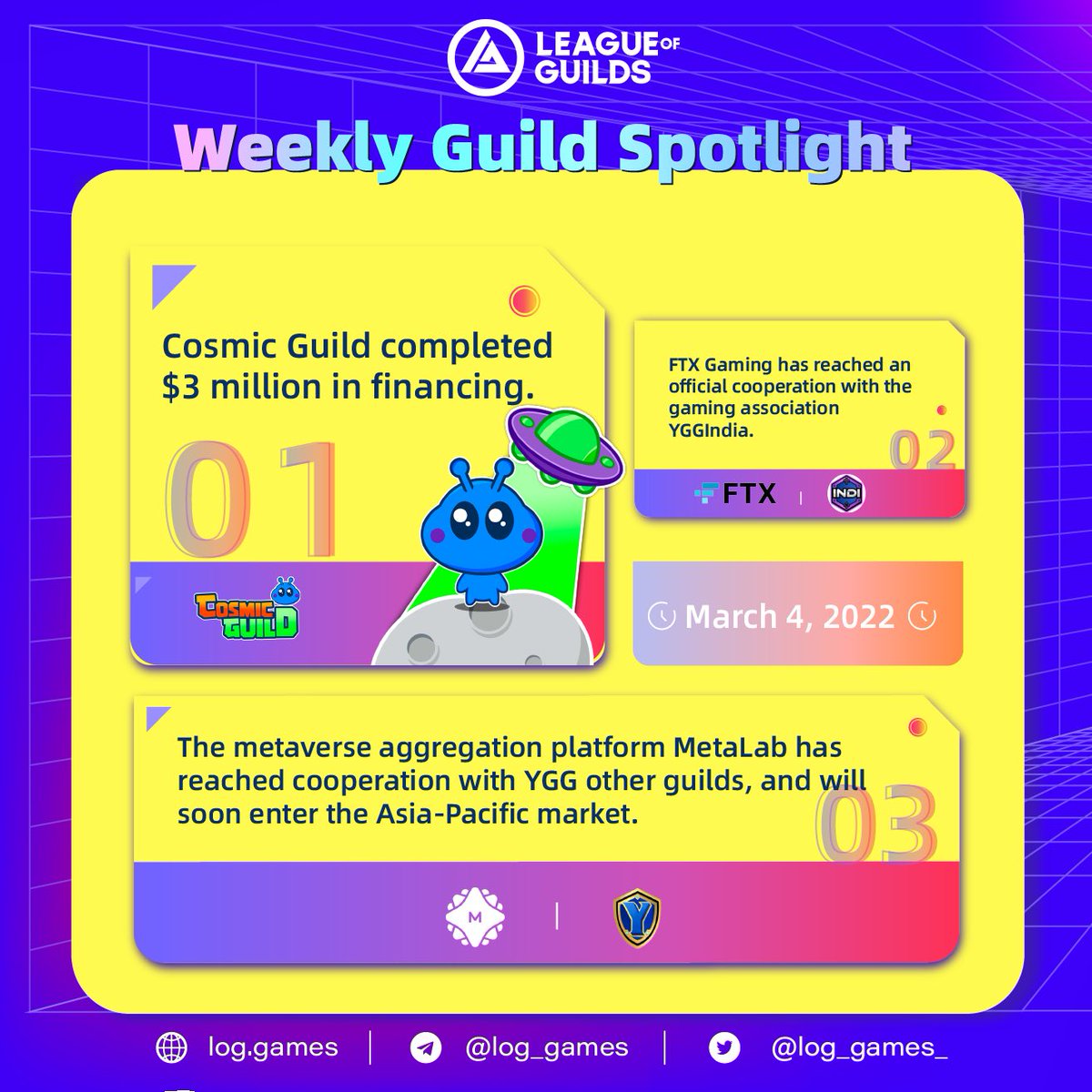 ToWeb3_'s tweet photo. ✨March 4 - Weekly Guild Spotlight

#Guild #CosmicGuild #FTXGaming #YGGIndia #Metaverse #MetaLab #YGG #AsiaPacific #Gaming #GameFi https://t.co/NKwhYE1v4C