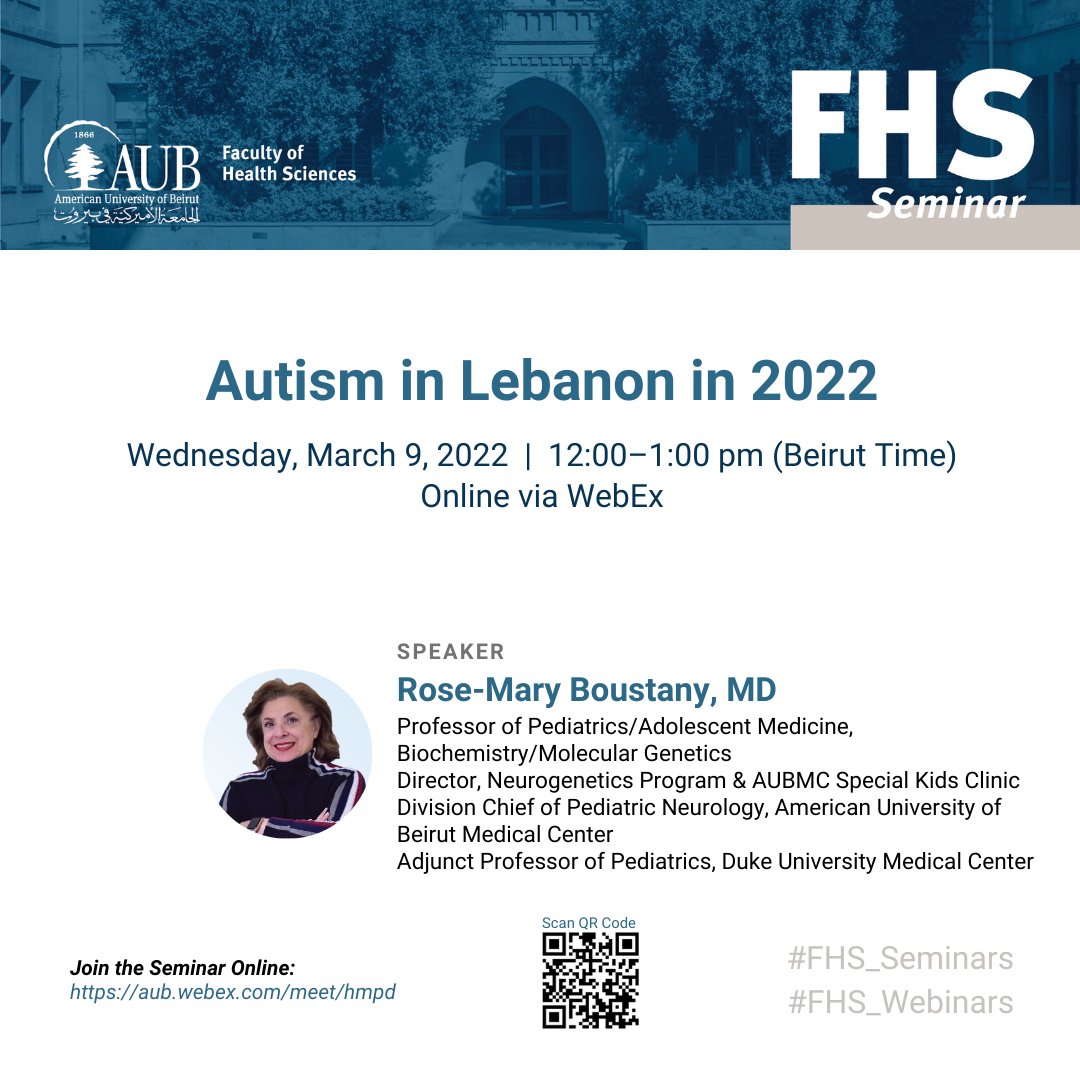 FHS_AUB's tweet photo. Do you know a child with #Autism Spectrum Disorder (ASD)? What are the causes? How is ASD diagnosed? Is it treatable?
Join our FHS seminar on March 9 at 12 pm &amp; know more about #ASD with @AUBMC_Official Dr. Rose-Mary Boustany.
https://t.co/XrtPUvHQQr
 #FHS_Webinars #FHS_Seminars https://t.co/lw0gnOYnhT