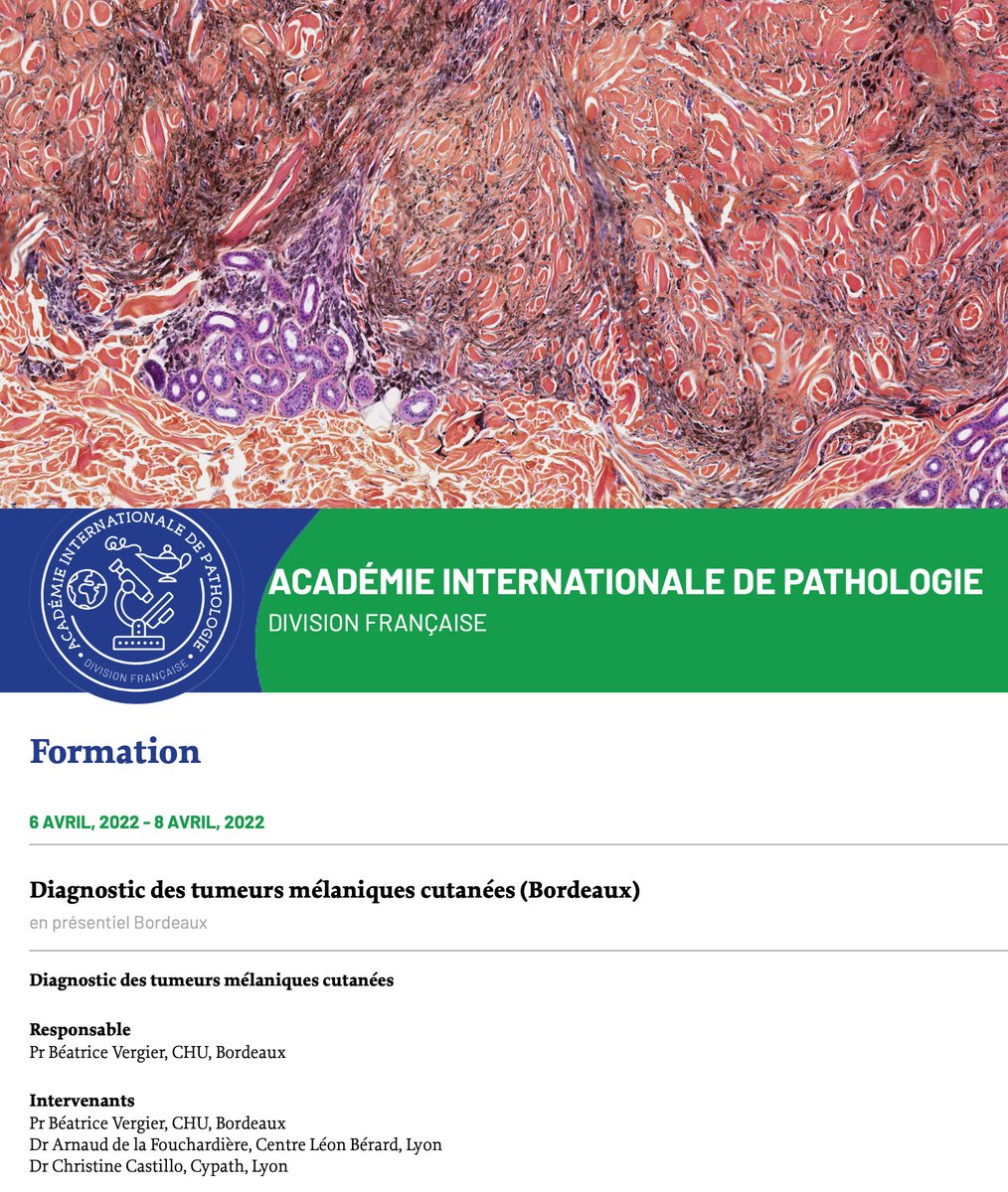 Chères amies, chers amis, 

il est temps de s’inscrire 
à l’EPU de l’AIP-DF sur la pathologie mélanocytaire cutanée !

Date : 8 avril 2022
Inscrivez vous : aip-df.com/actualites/17-…

<a href="/CecileBadoualMD/">Cecile Badoual</a> @BeatriceVergier <a href="/melanopath/">Arnaud de la Fouchardiere MD, PhD</a> <a href="/Annpathol/">Annales de Pathologie</a> <a href="/calvojessik/">Calvo Jessica</a> <a href="/AnnDermato/">Annales de Dermatologie et de Vénéréologie</a>