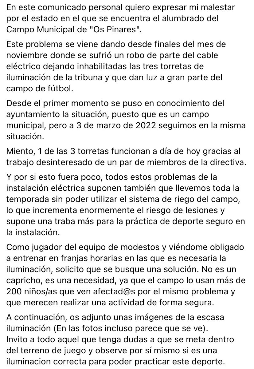 FutbolLfm's tweet image. Queremos pedir un favor, y es que hagáis RT a este comunicado de @RafitaAfonso, jugador del @ccrdperlio sobre las malas condiciones del alumbrado de Os Pinares. 

Es algo muy importante y que nuestros amigos del Perlio no se merecen.