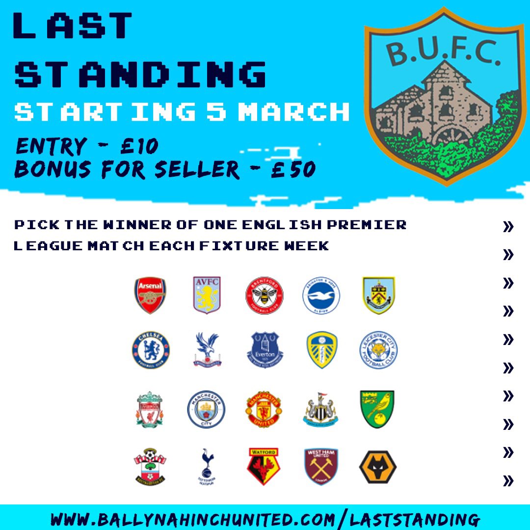 bhinchutd's tweet photo. Our Last Standing competition starts TOMORROW! Don’t forget to enter. 

Pick your teams at https://t.co/AjRDsGc7vt and share with family and friends.

If you sell to the eventual winner, you can still win £50! 

Entries close at 12.30pm, Saturday 5 March! https://t.co/Q6ifkemAIz
