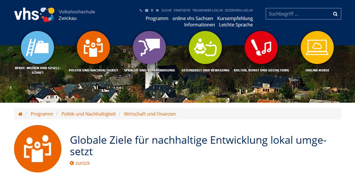 Zu sehen ist ein Screenshot von der Homepage der VHS Zwickau mit der Überschrift der Veranstaltung "Globale Ziele für nachhaltige Entwicklung lokal umgesetzt"